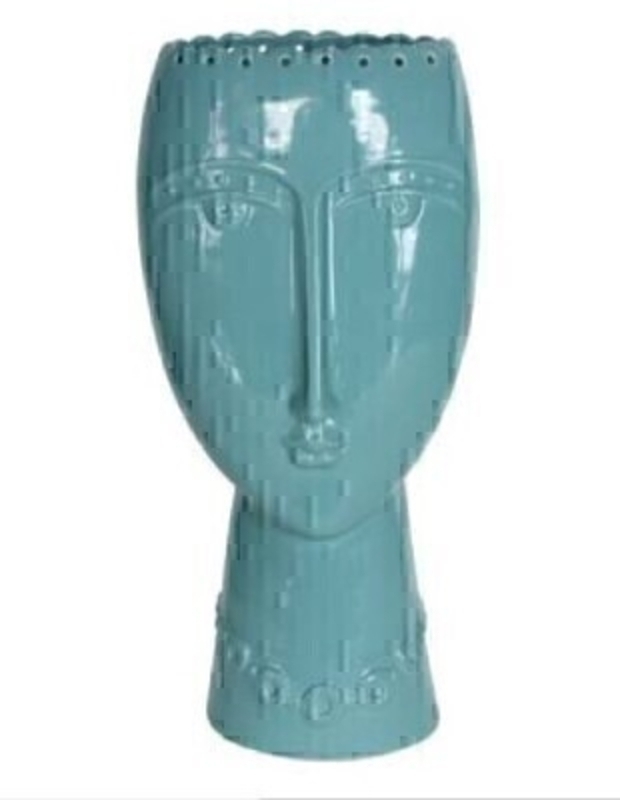 Contemporary lady head sculpture blue ceramic vase by designer Gisela Graham.  This item would look equally stunning with or without flowers.  Size (LxWxD) 13.5cm x 29.5cm x 8cm.